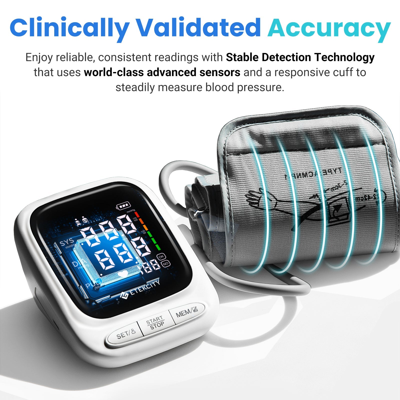 Blood pressure monitor with digital display and sensor on a white background, featuring text about clinically validated accuracy.