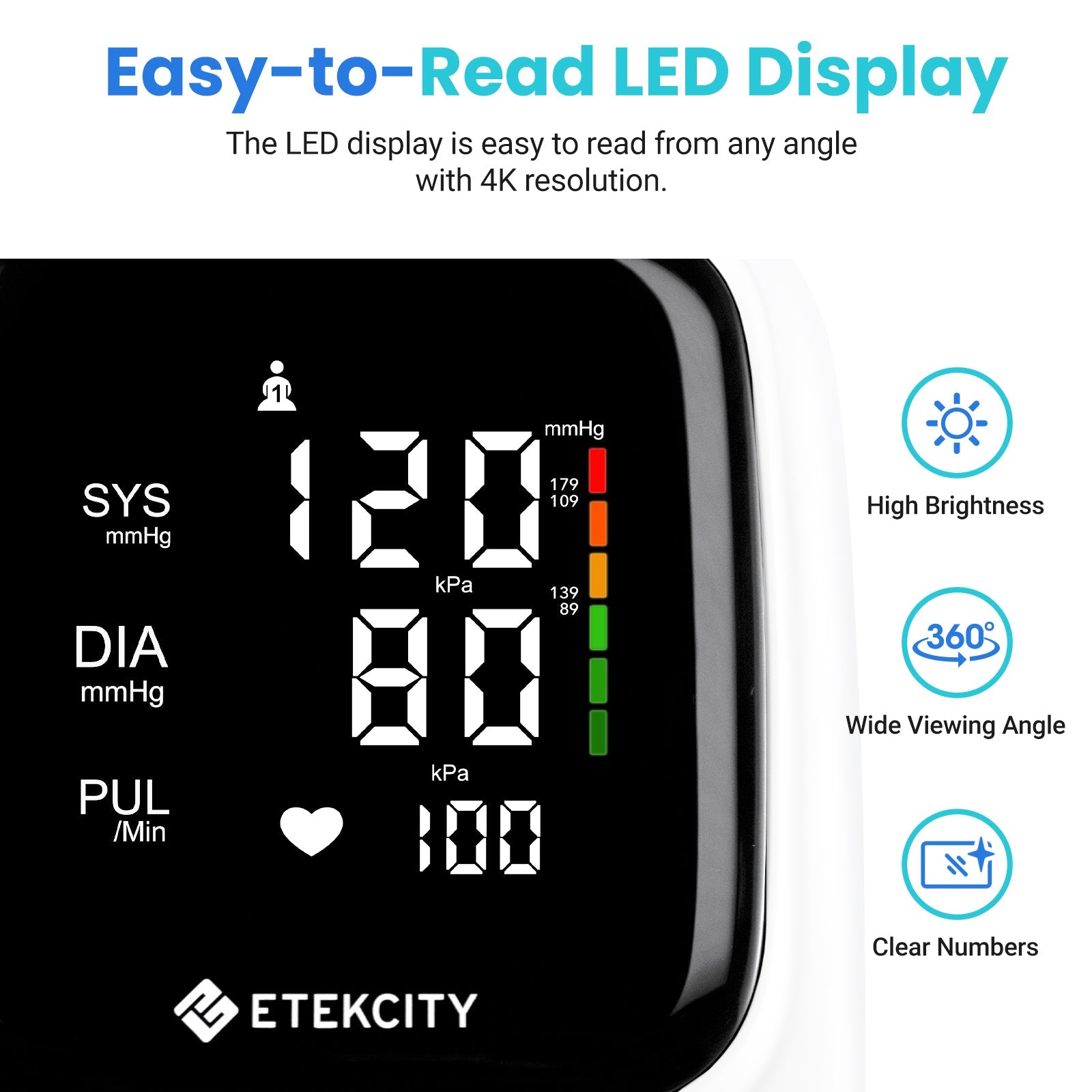 Etekcity blood pressure monitor with easy-to-read LED display on a white background