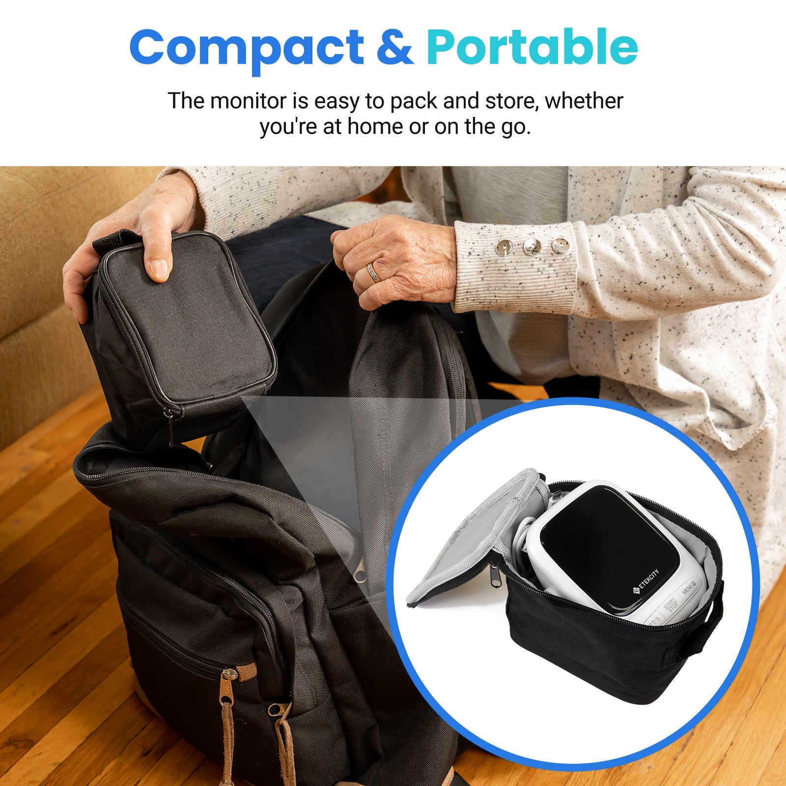 Person packing a monitor into a backpack with text highlighting its compactness.