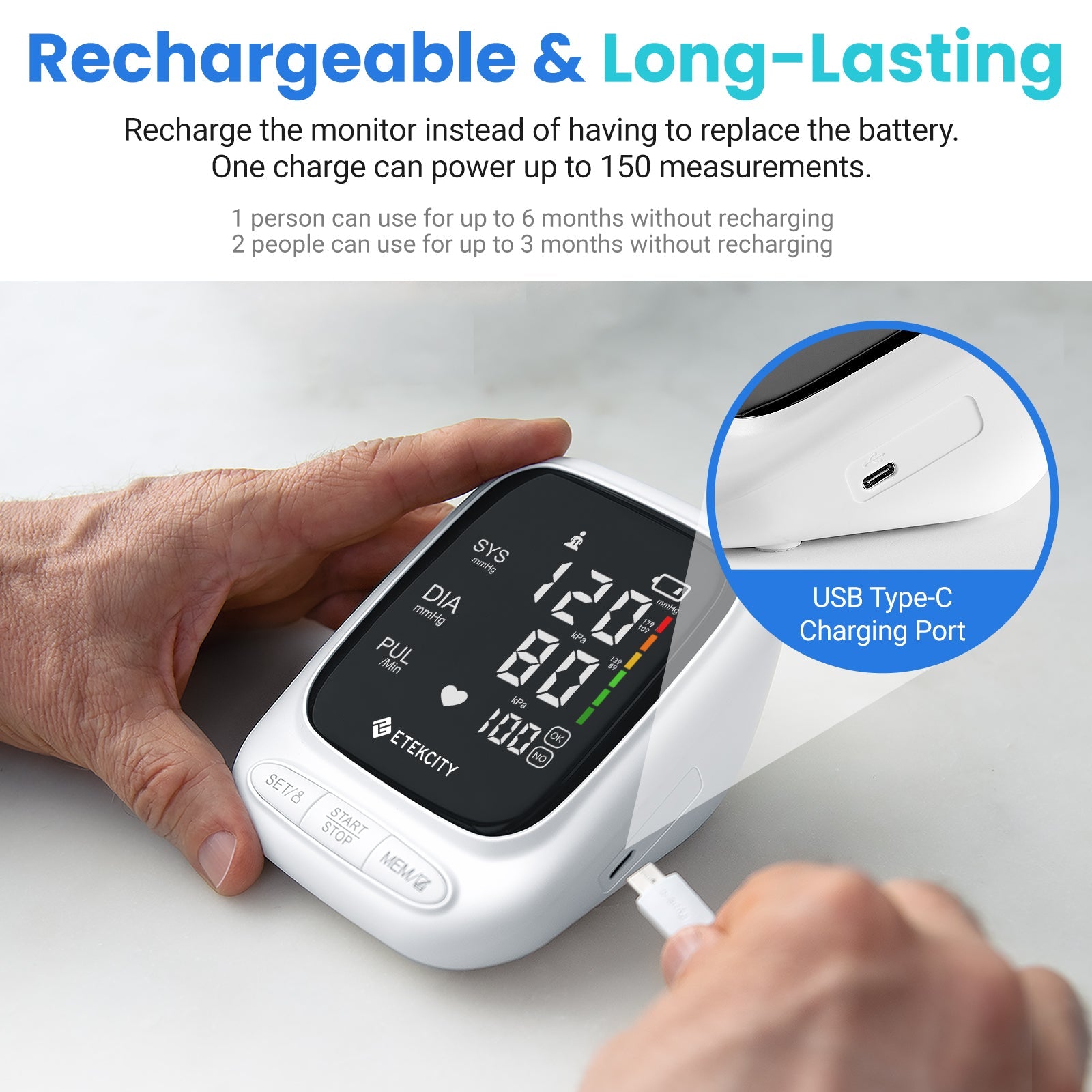 Blood pressure monitor with USB charging cable, showing rechargeable feature.