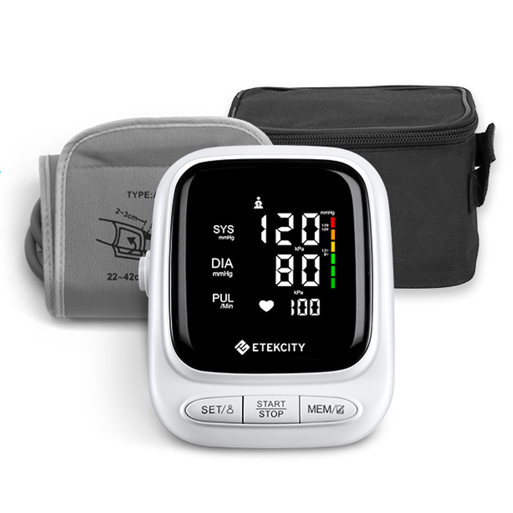 Etekcity blood pressure monitor with digital display on a white background