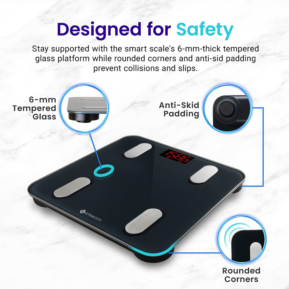 Smart scale with safety features highlighted on a white background