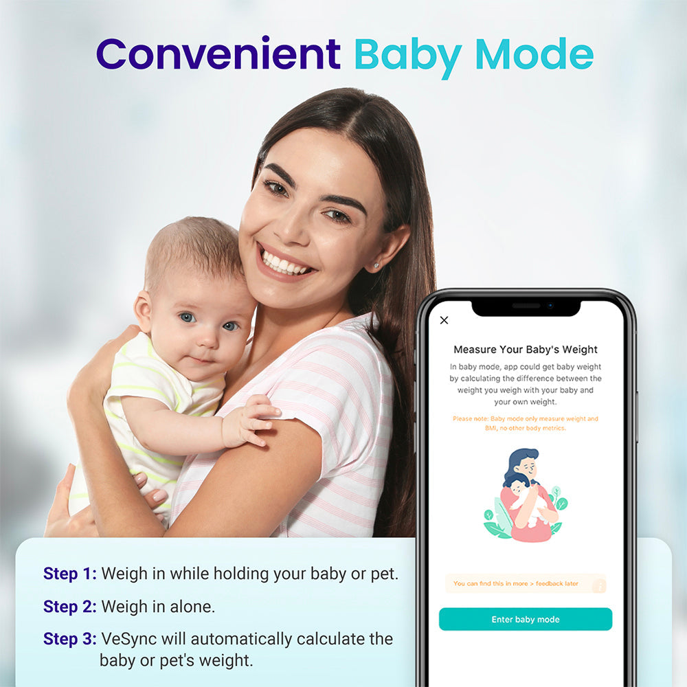Woman holding a baby with a smartphone displaying an app interface, featuring text about 'Convenient Baby Mode'.