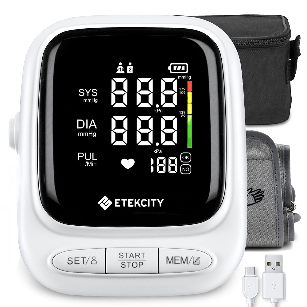 Etekcity blood pressure monitor with digital display on a white background