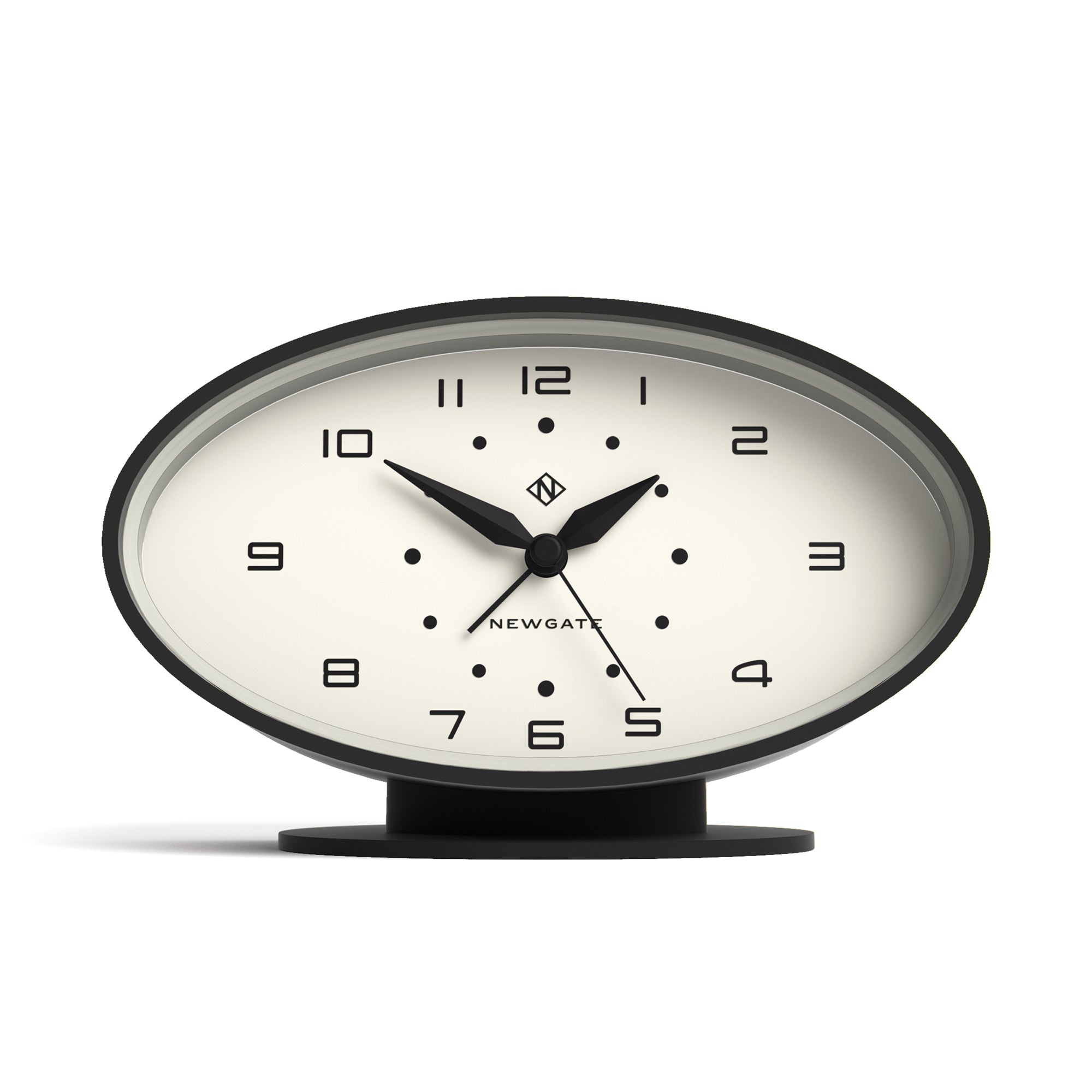 Table clock with black frame and white face on a white background