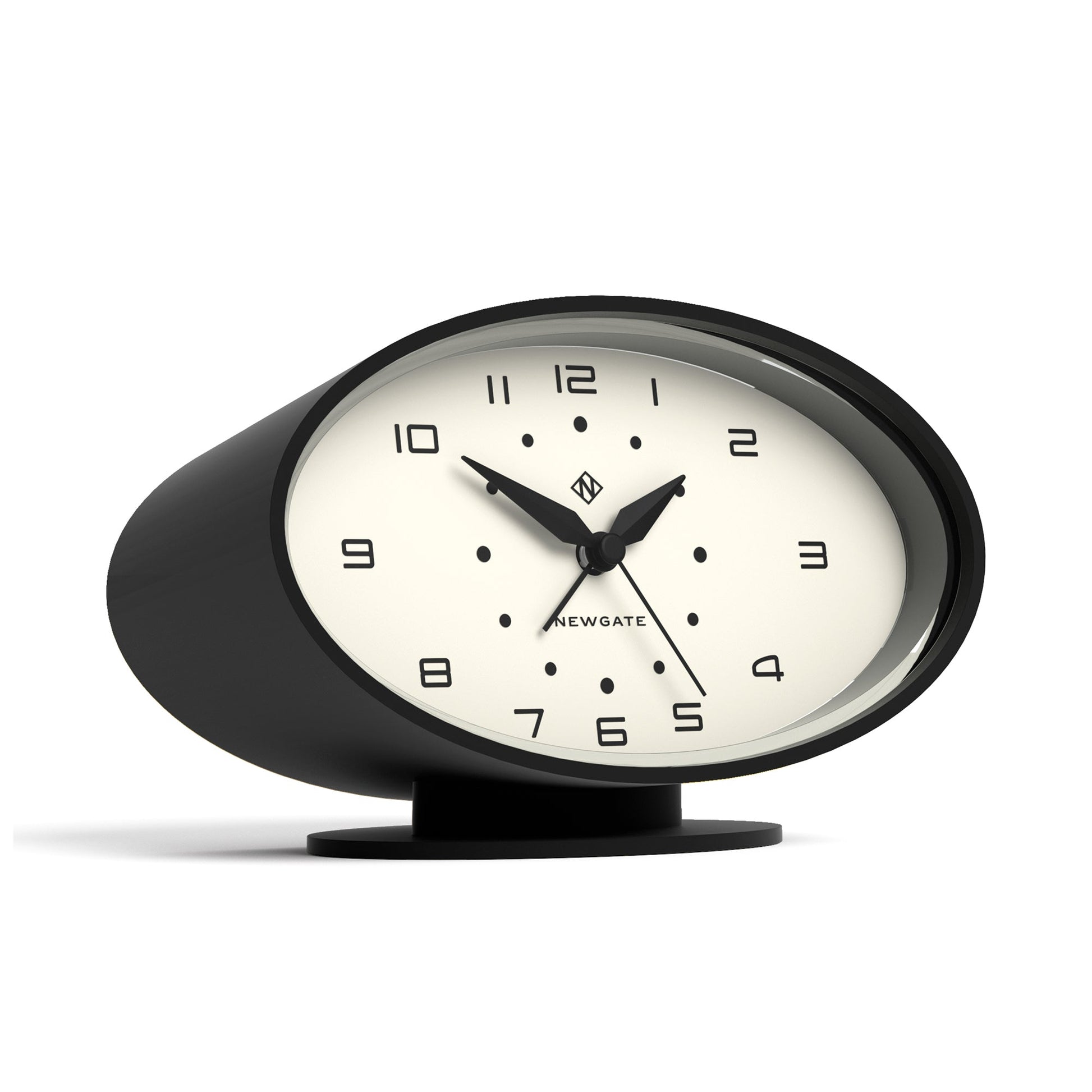 Black clock with white face on a white background