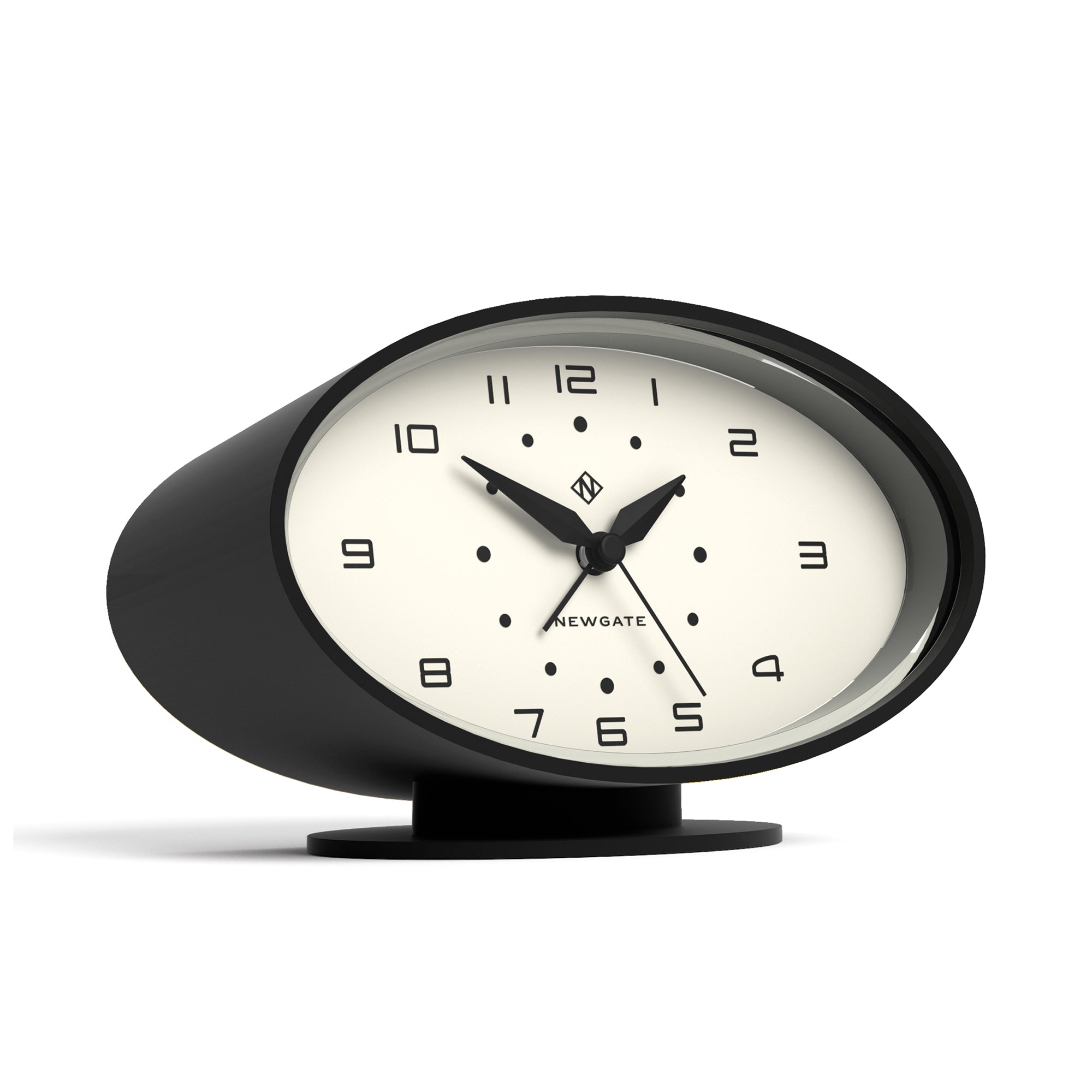 Black clock with white face on a white background