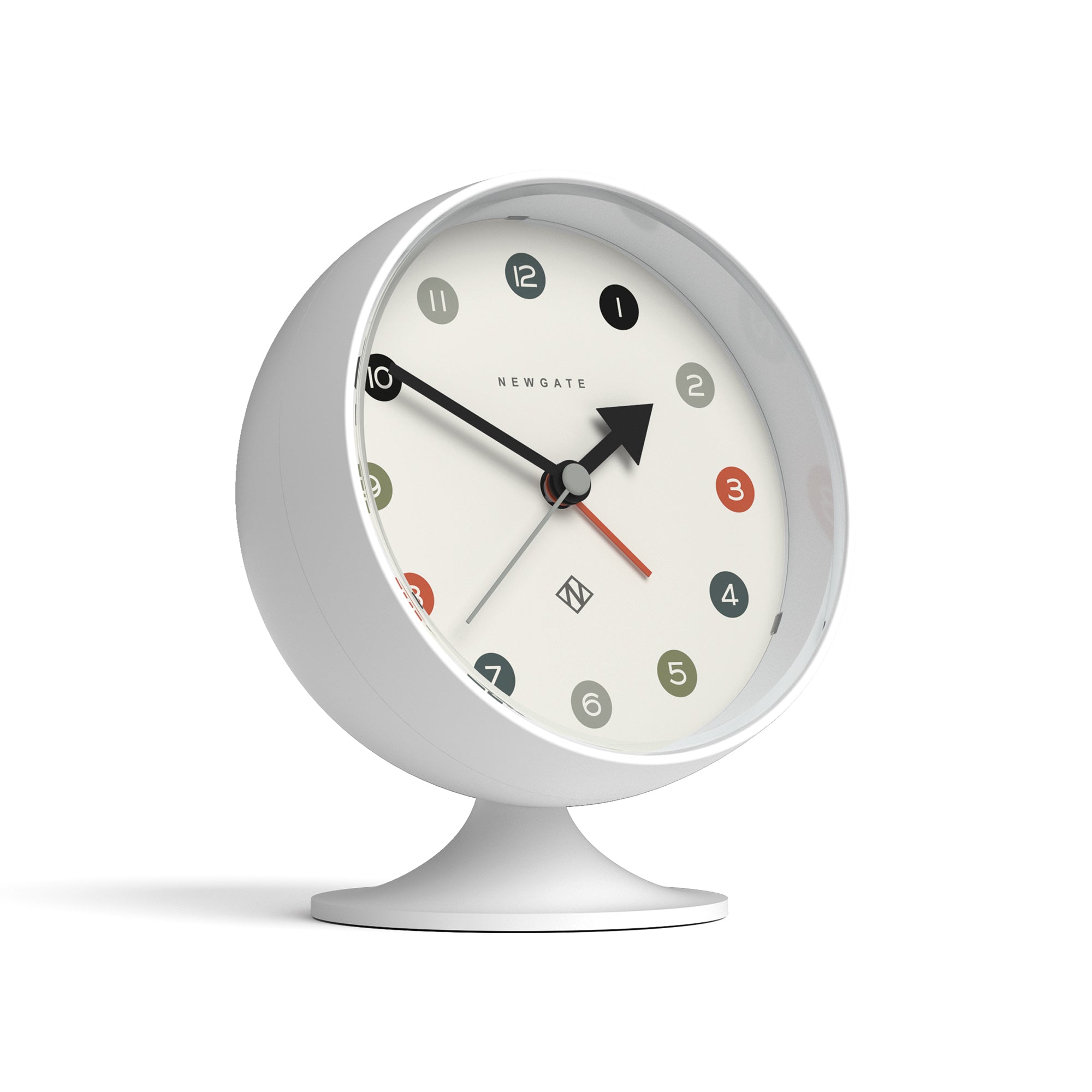 White alarm clock with a retro design on a white background