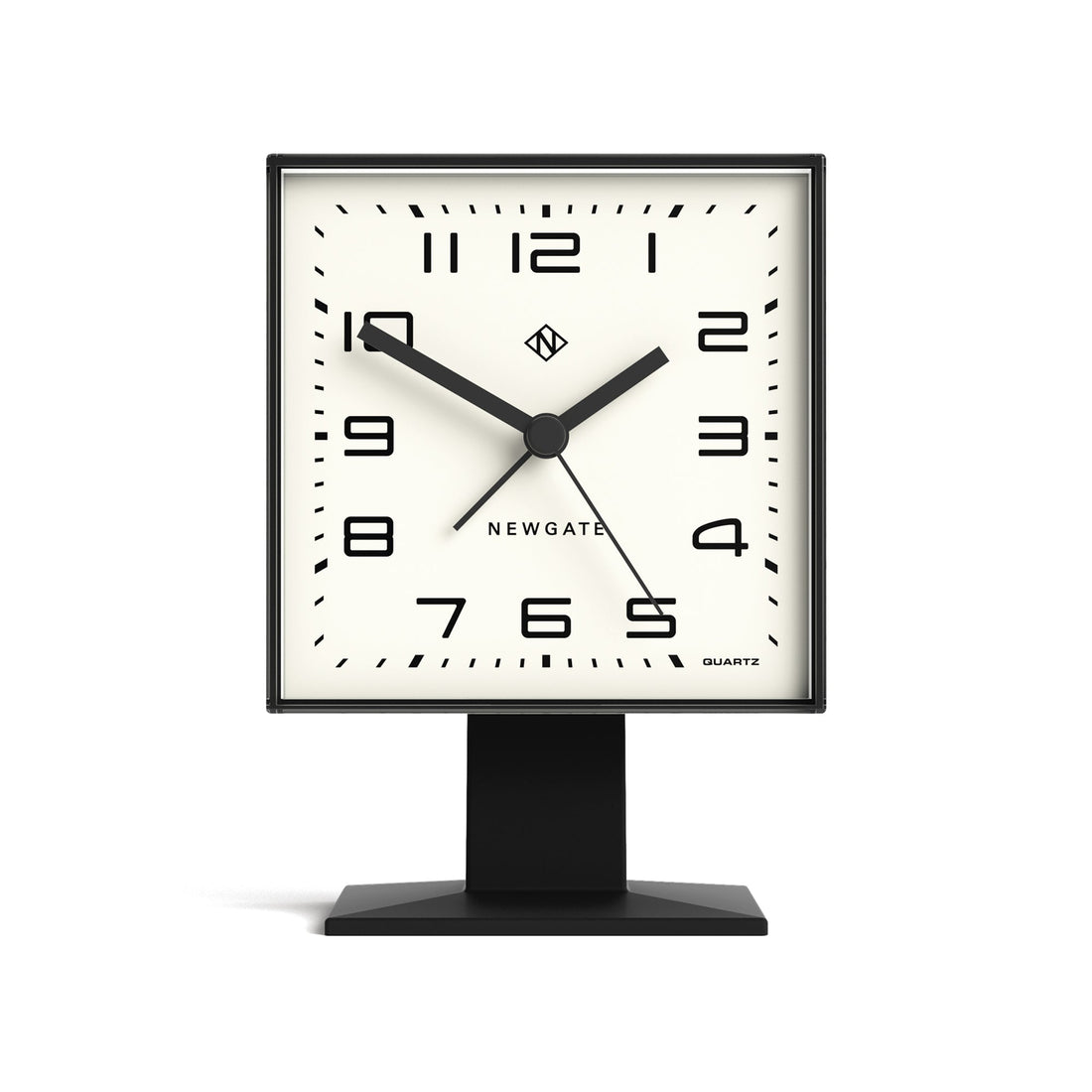 Square table clock with black frame and white face on a white background