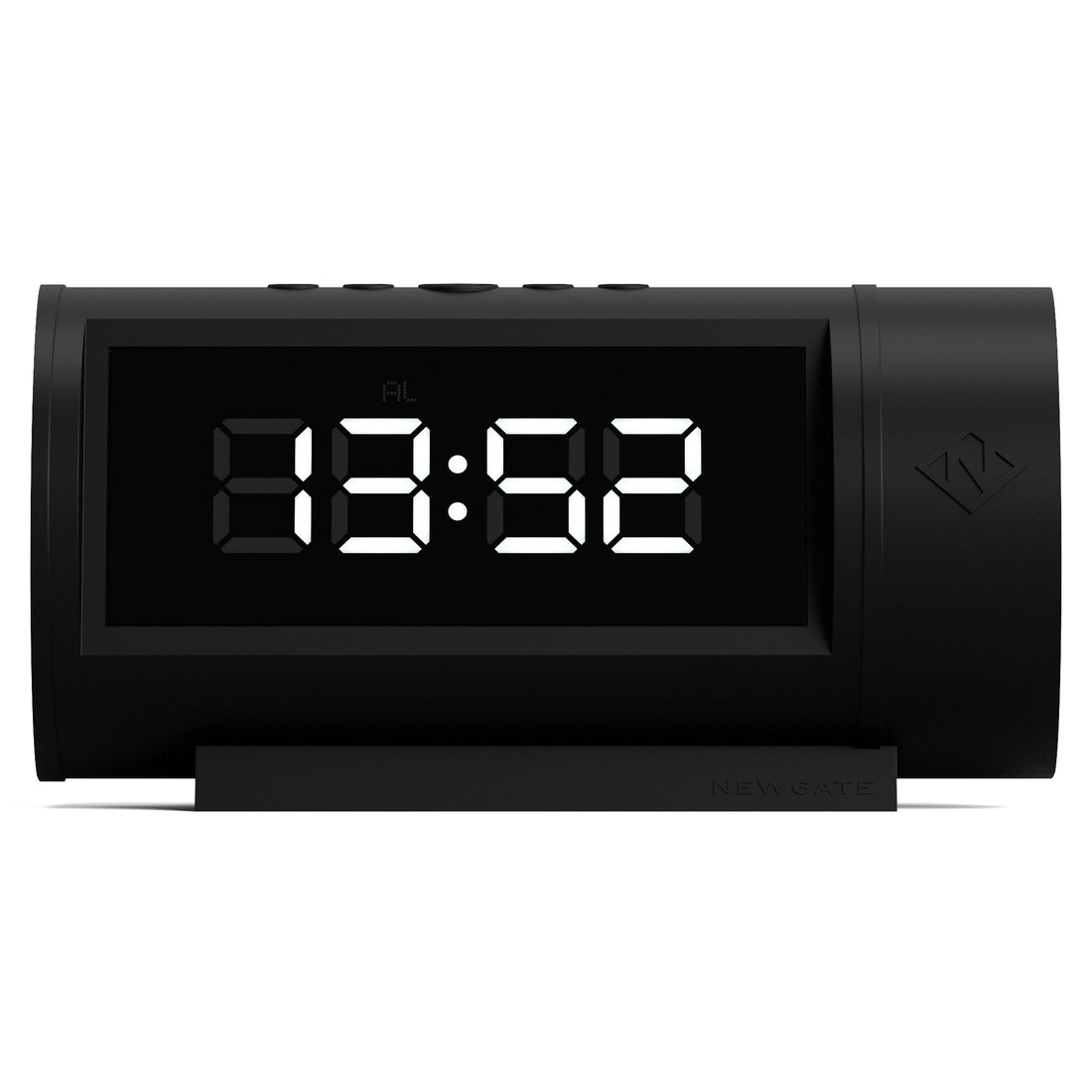 Black digital clock with white LED display on a white background