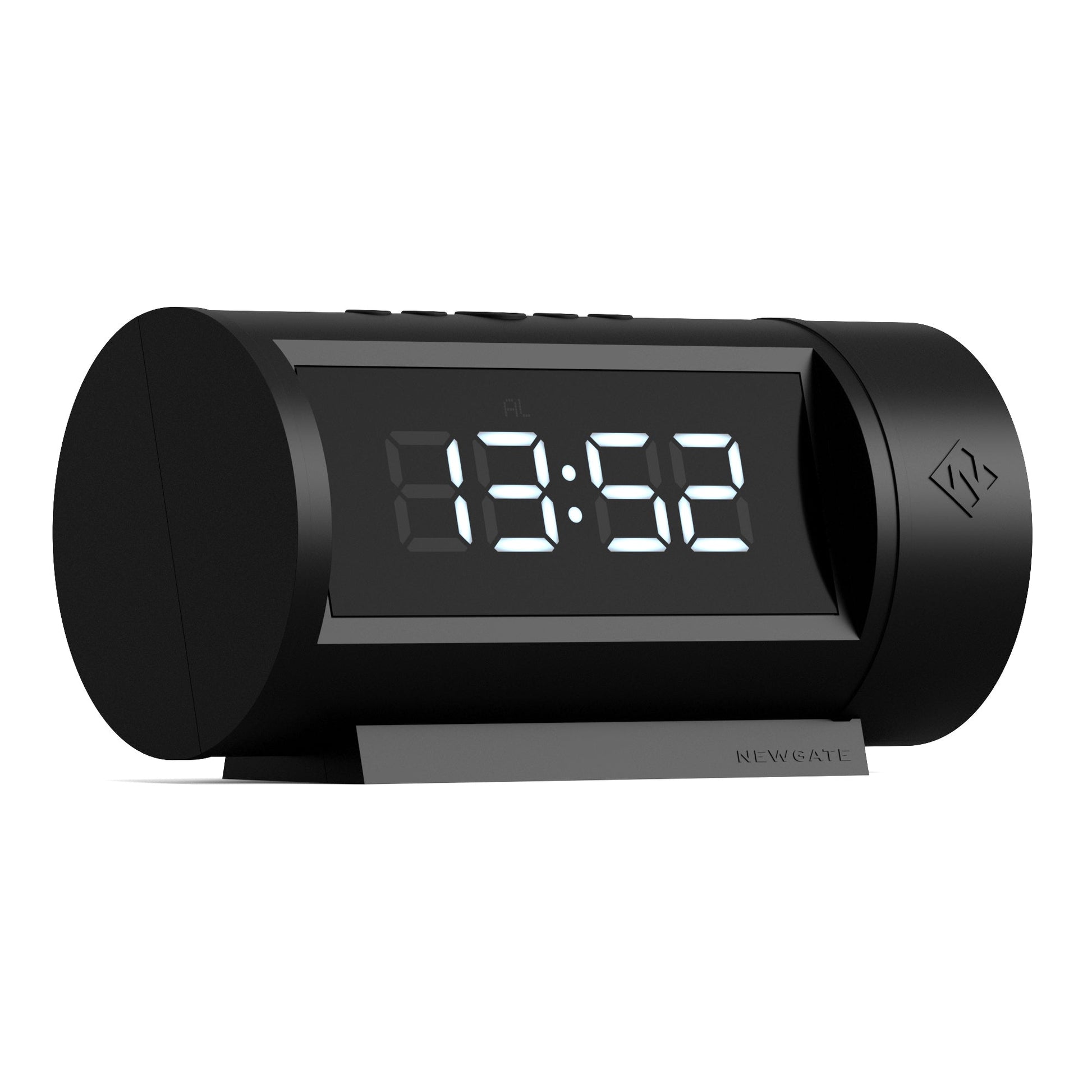 Black digital clock with digital display on a white background