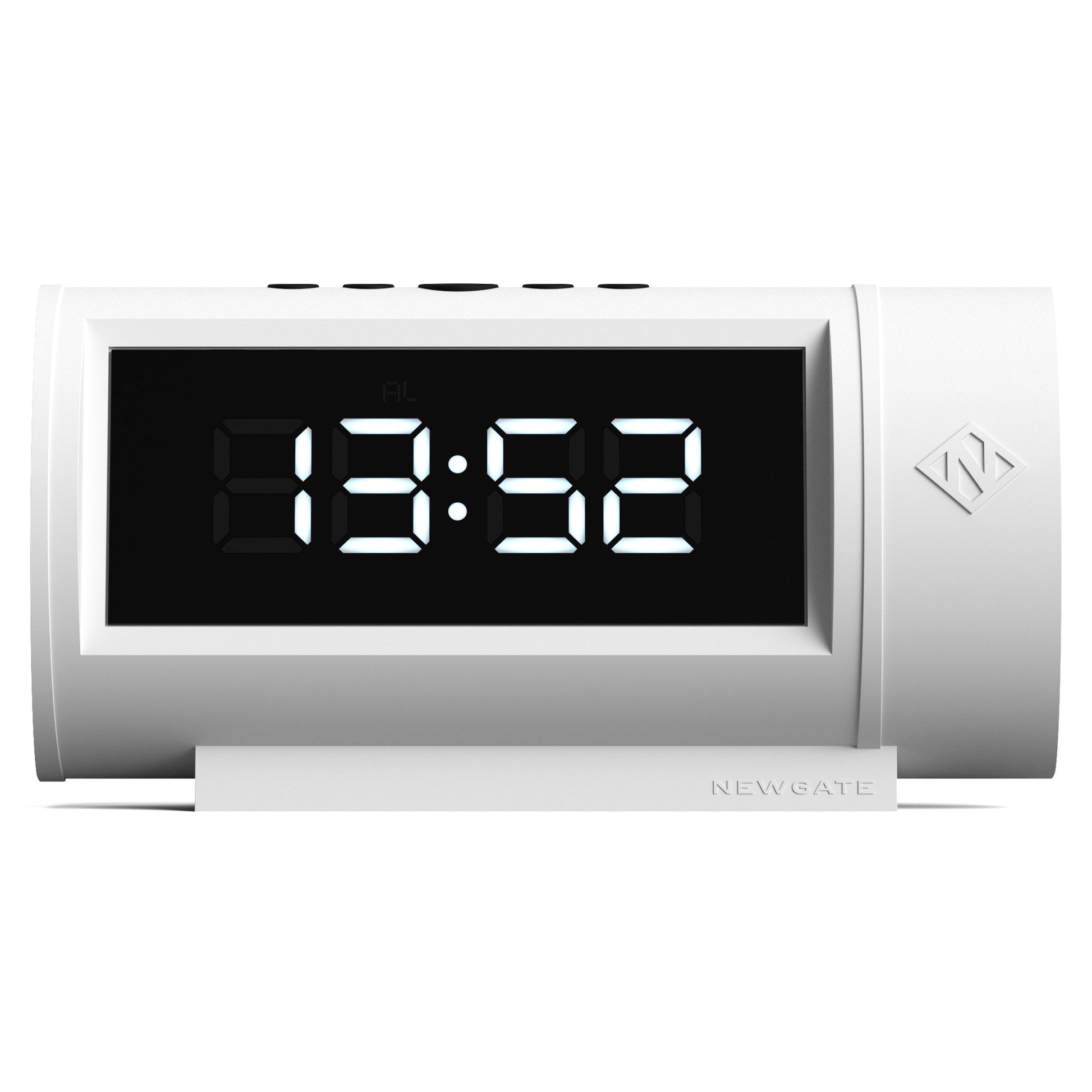 Digital clock with a white casing and black display on a white background
