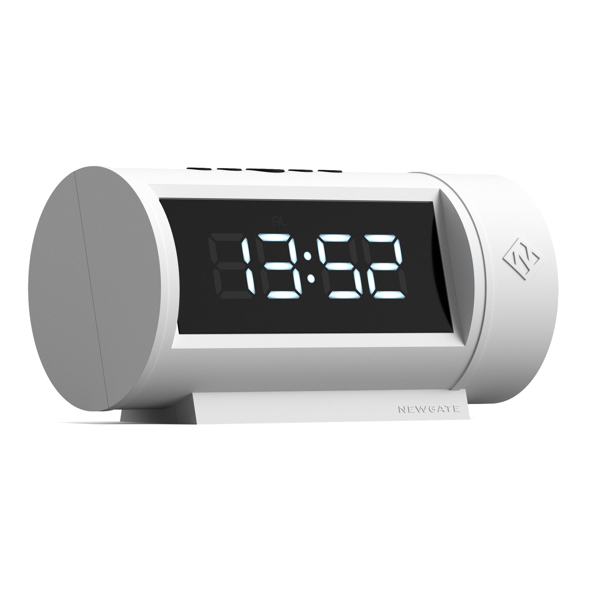 Digital clock with a white casing on a white background