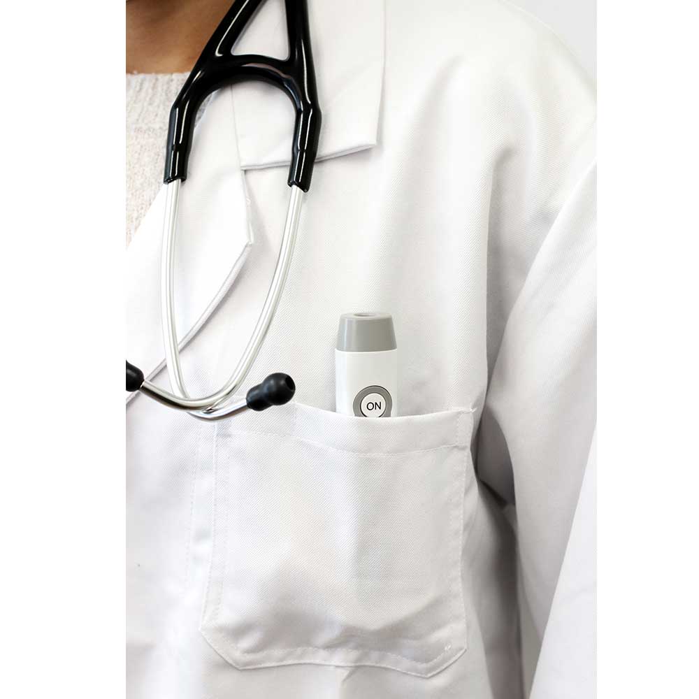 White lab coat with stethoscope and small device in pocket