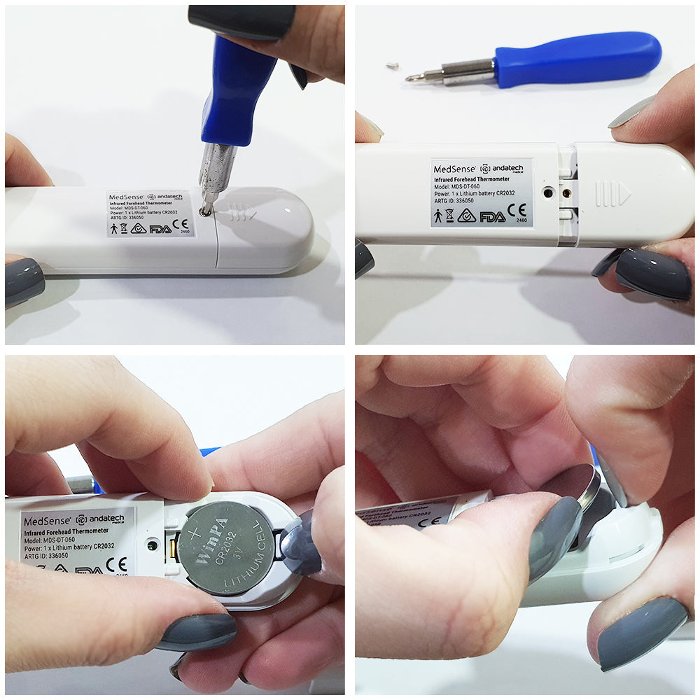 Step-by-step process of replacing a battery in a Medisense device using a screwdriver.