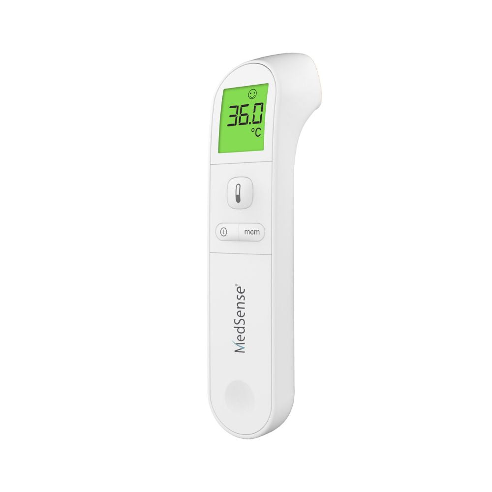 Digital thermometer with a green display on a white background