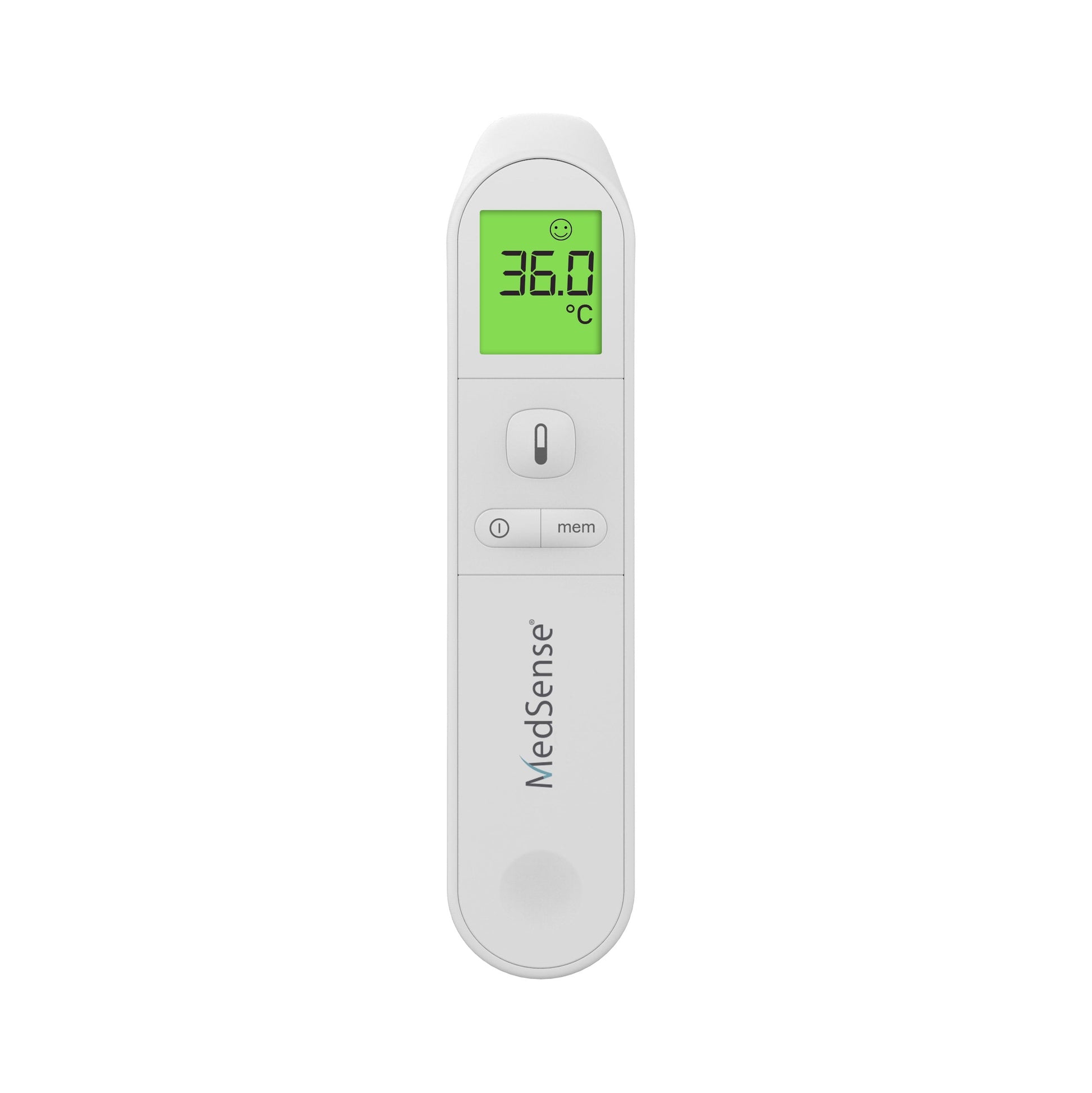 Digital thermometer with green display on a white background