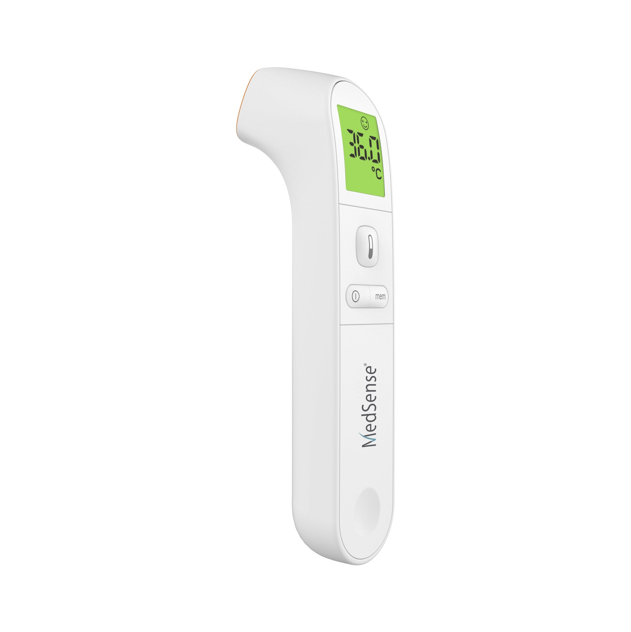 Infrared thermometer with digital display on a white background