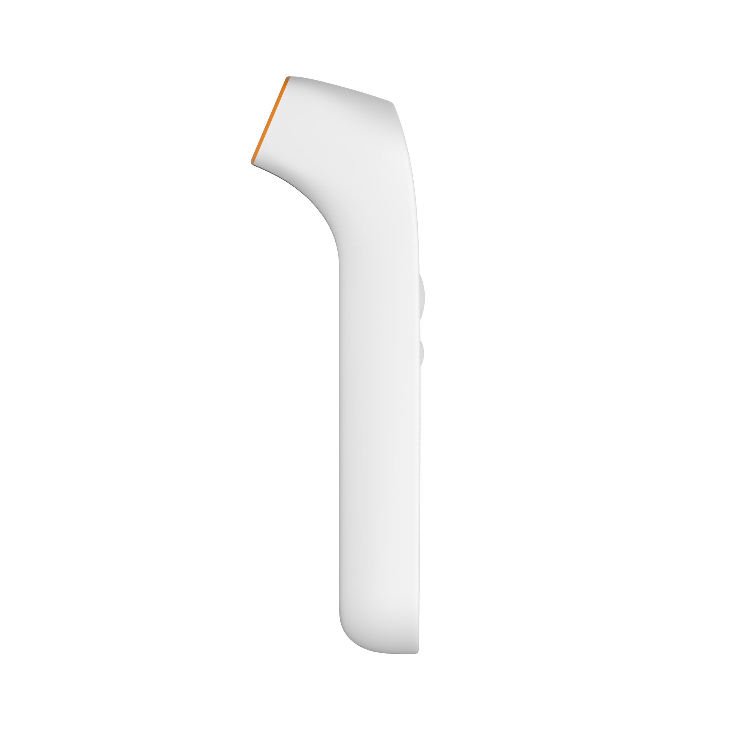 White electronic device with orange accent on a white background