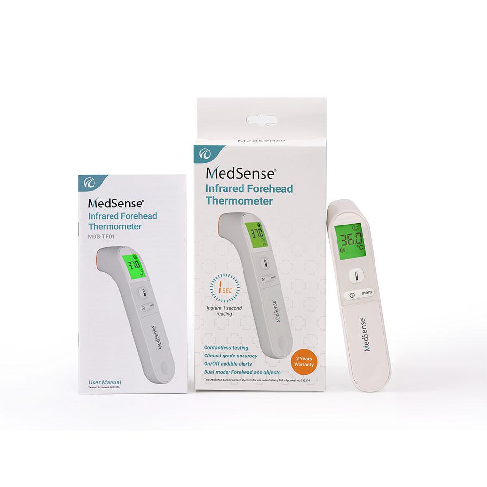 MedSense infrared forehead thermometer with packaging on a white background