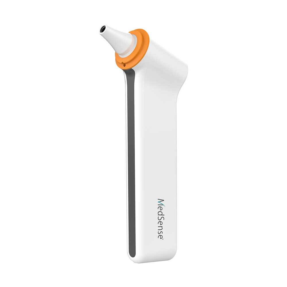 White and orange MedSense ear thermometer on a white background