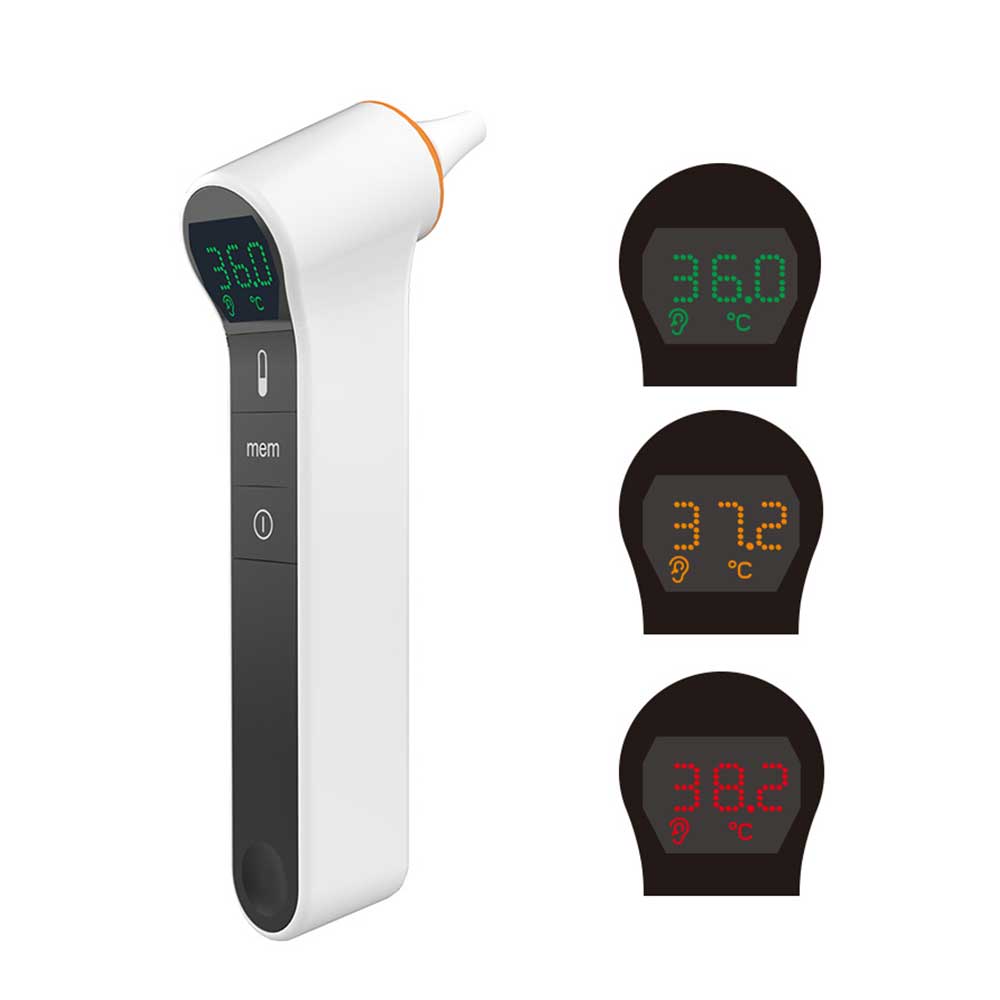 Infrared thermometer with digital display on a white background