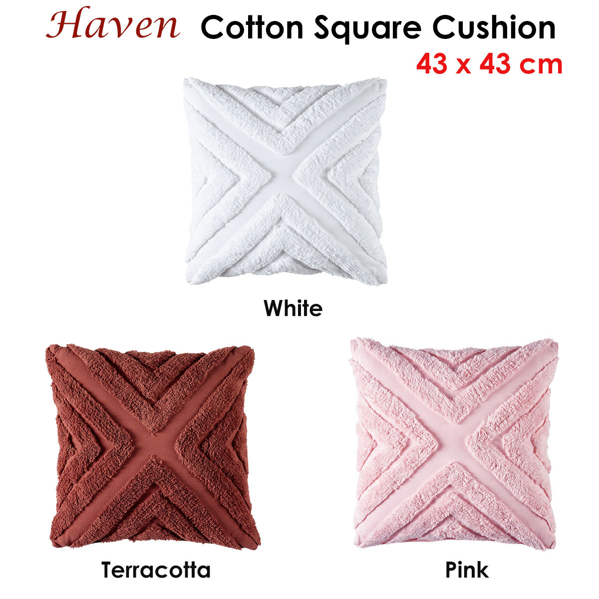 Three square cushions in white, terracotta, and pink with 'Haven' branding.