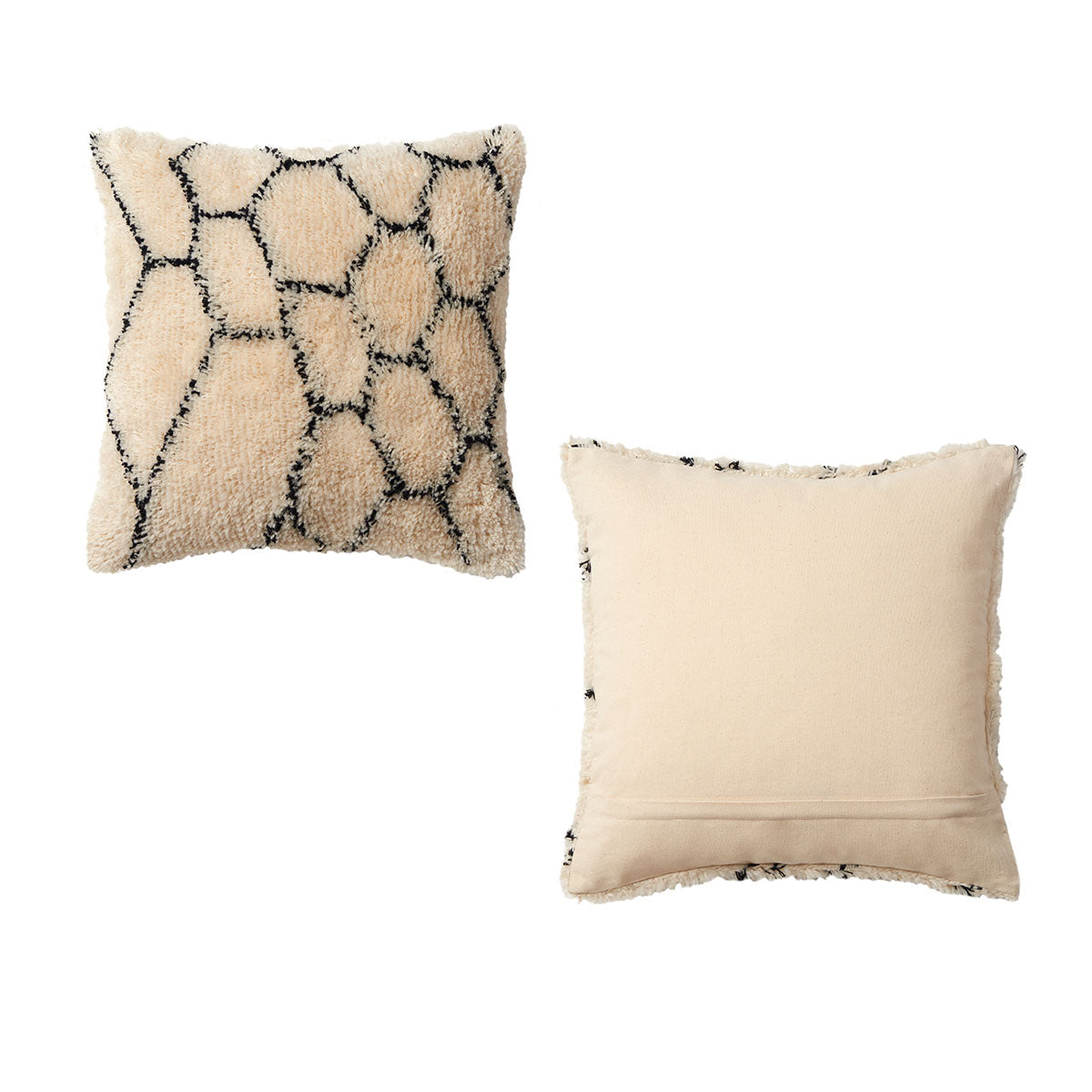 Two decorative pillows with geometric patterns on a white background