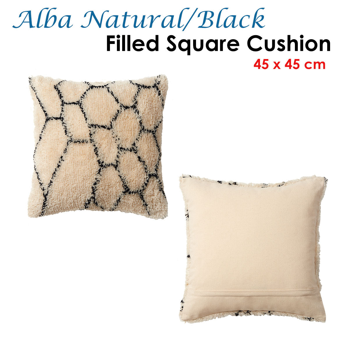 Beige and black patterned square cushion with text indicating size and color.