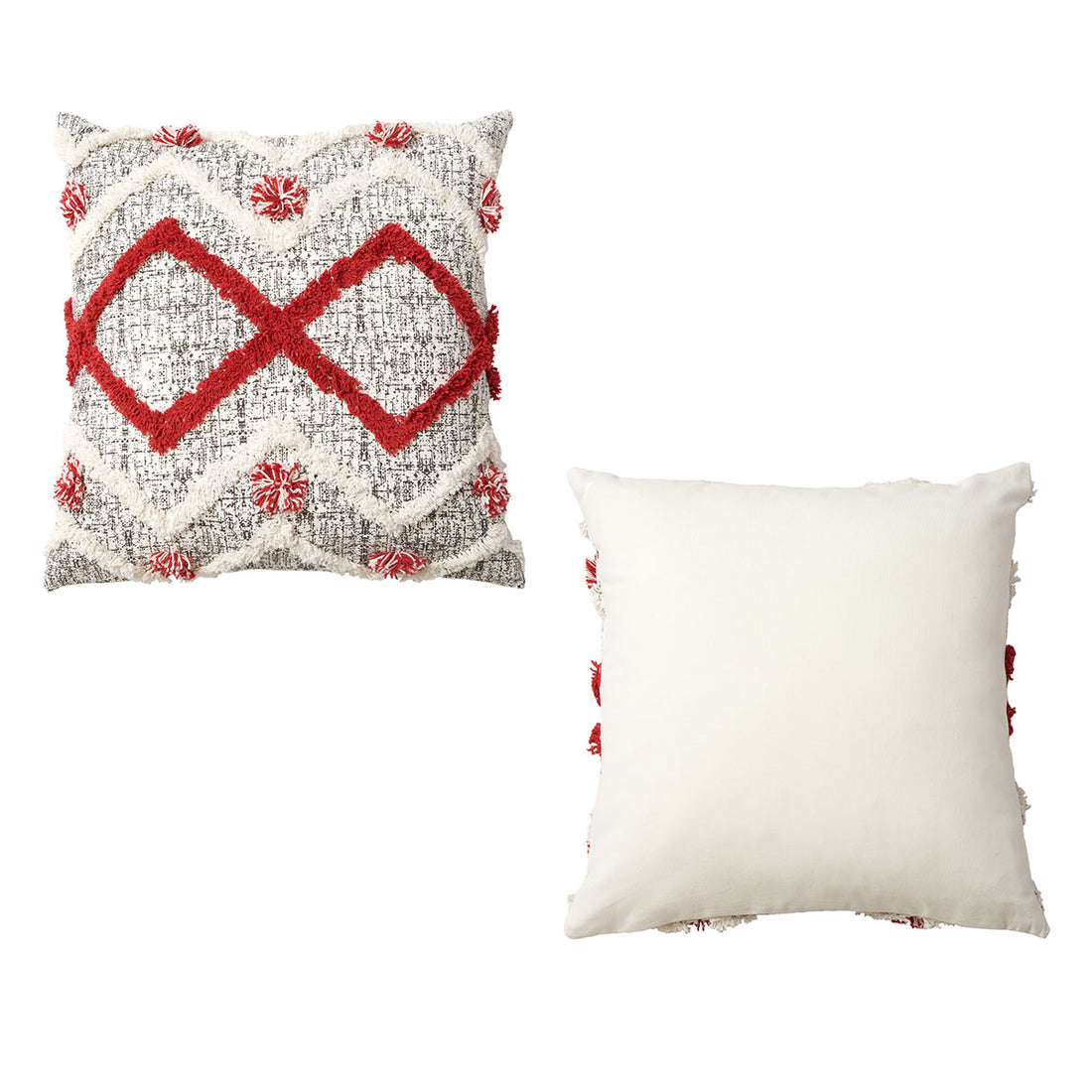 Two decorative pillows with geometric patterns on a white background
