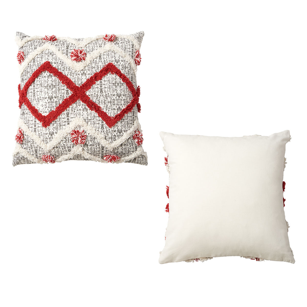 Two decorative pillows with geometric patterns on a white background