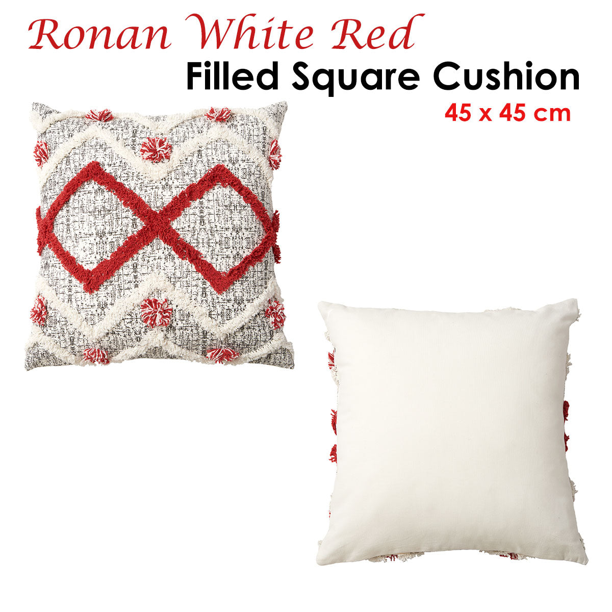 Two square cushions, one patterned and one plain white, with text indicating size and color.