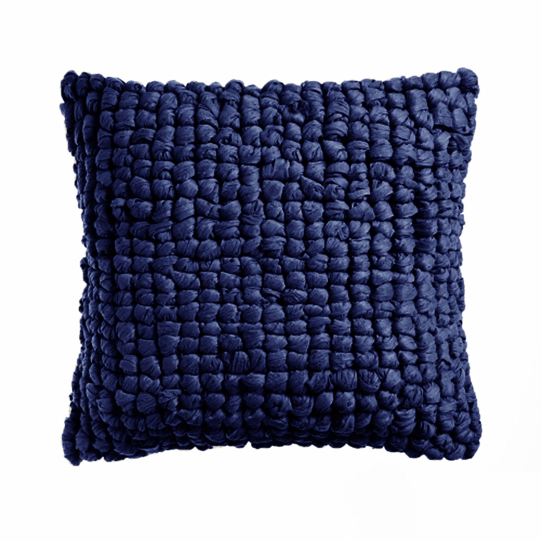Navy blue textured pillow on a white background