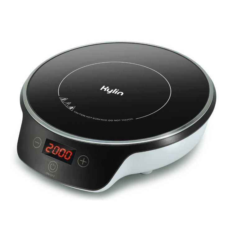 Black portable induction cooktop with digital display on a white background