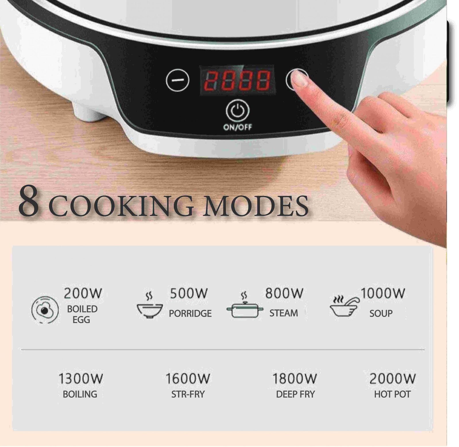 Electric multi-cooker with digital display and 8 cooking modes on a wooden surface.