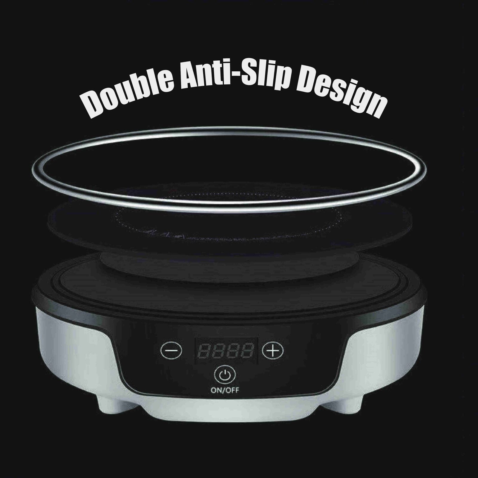 Portable electric hot plate with digital control panel on a black background, featuring 'Double Anti-Slip Design' text.