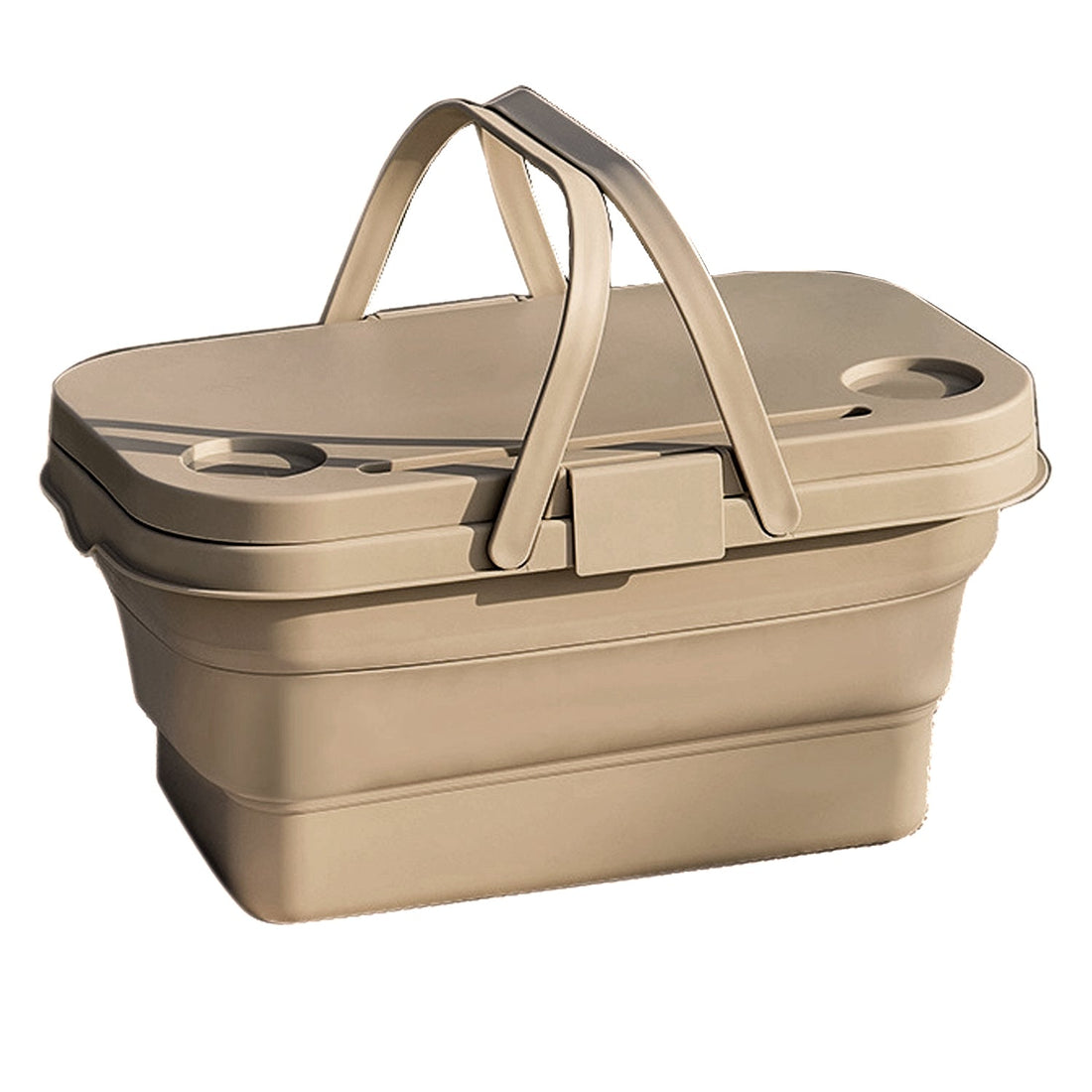Beige collapsible basket with handles on a white background
