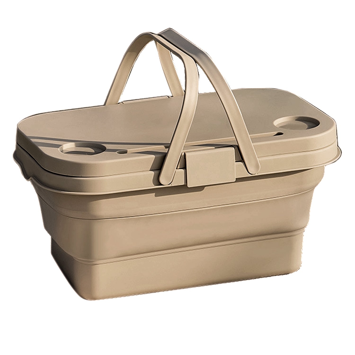 Beige collapsible basket with handles on a white background