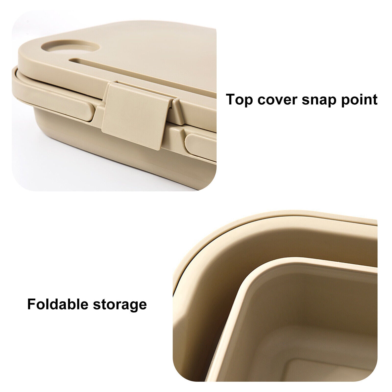 Beige foldable storage container with top cover snap point labeled on a white background