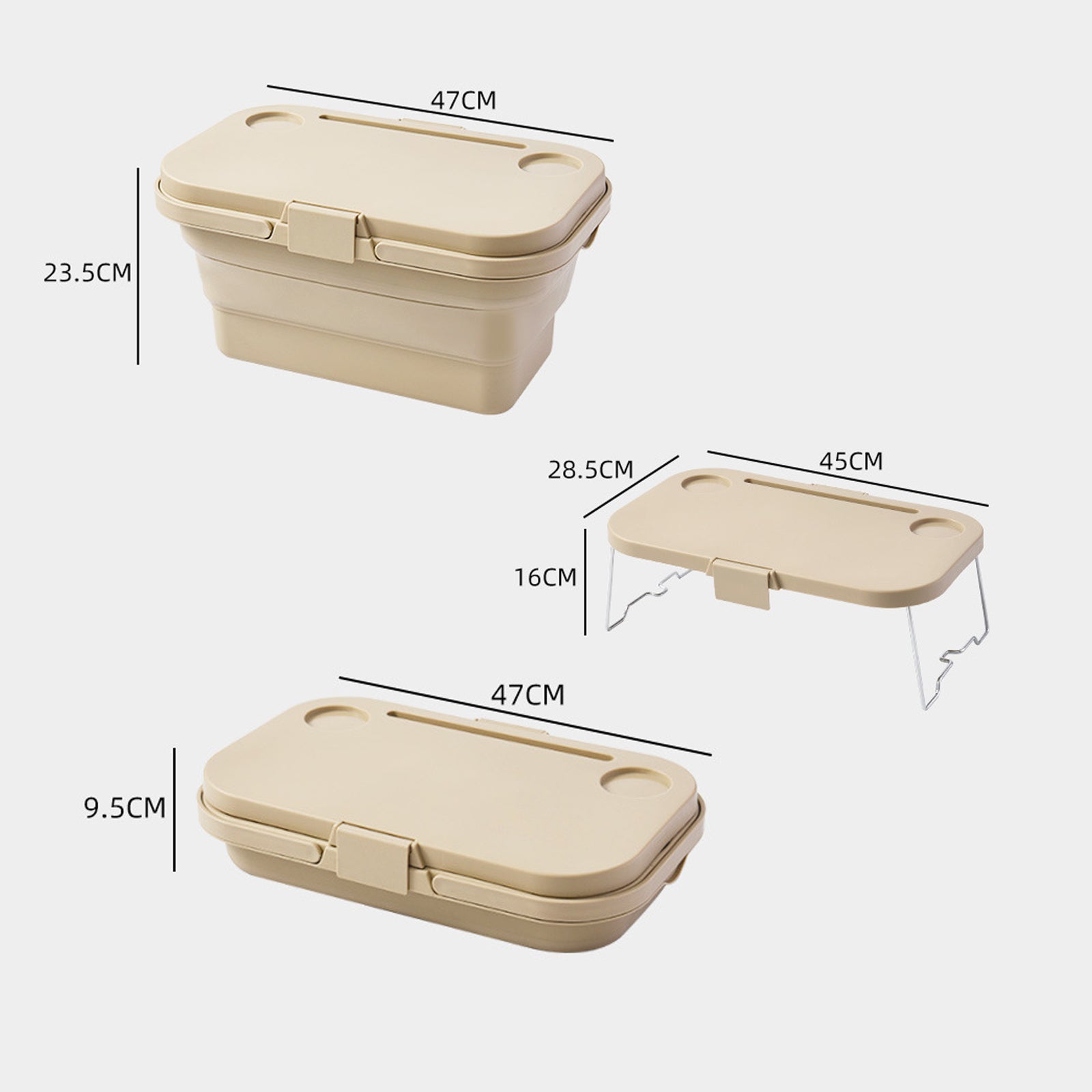 Beige collapsible container with dimensions labeled on a white background