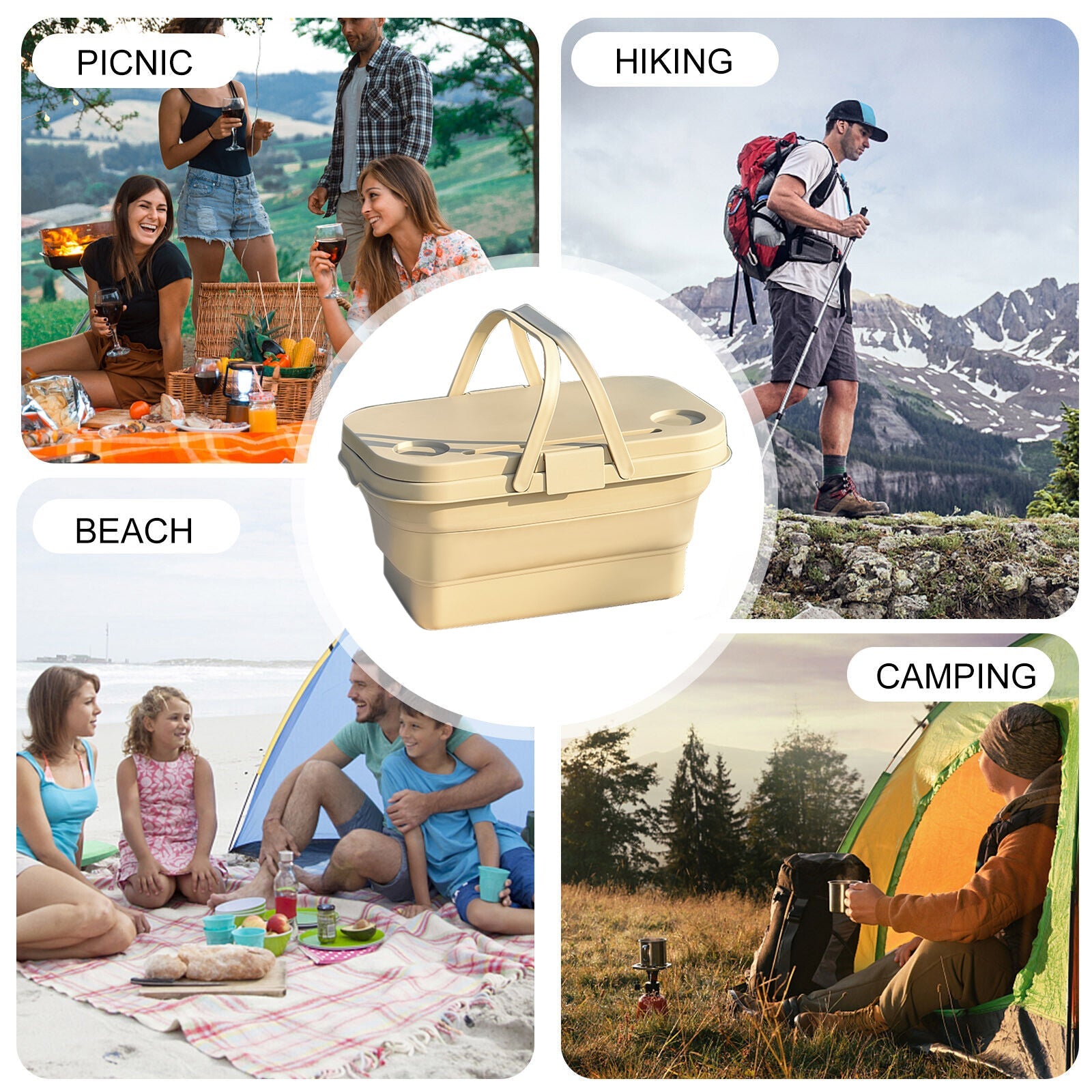 Collage of people in different outdoor activities with a picnic basket in the center.