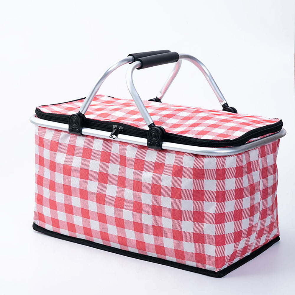 Red and white checkered folding basket with a black handle on a white background