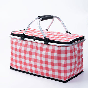 Red and white checkered folding basket with a black handle on a white background