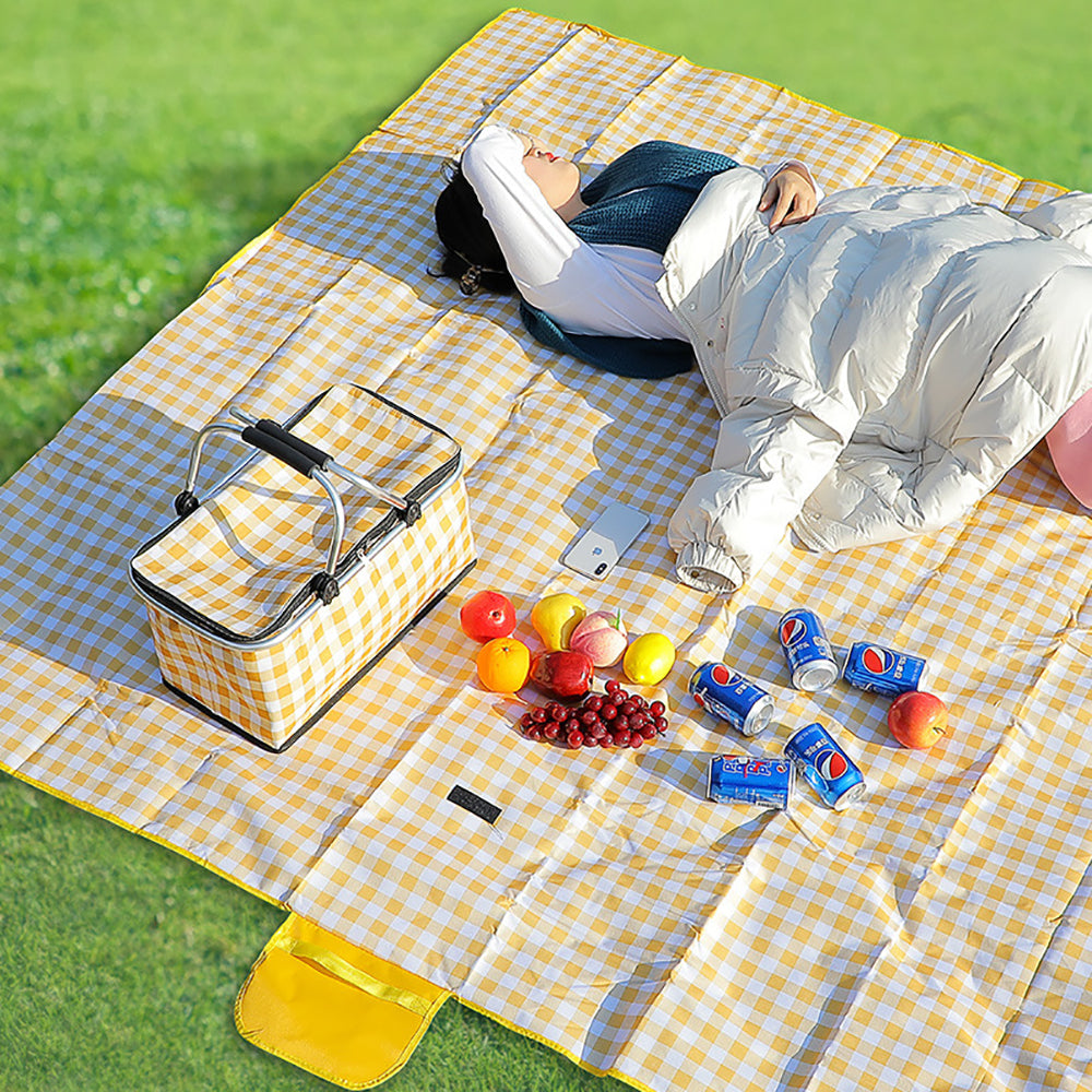 Person lying on a yellow checkered picnic blanket with a picnic setup including fruits, drinks, and a cooler bag.