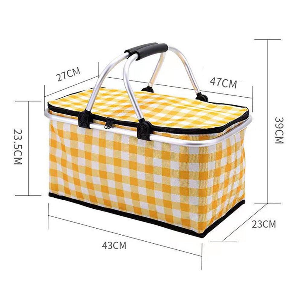 Yellow and white checkered folding basket with dimensions labeled