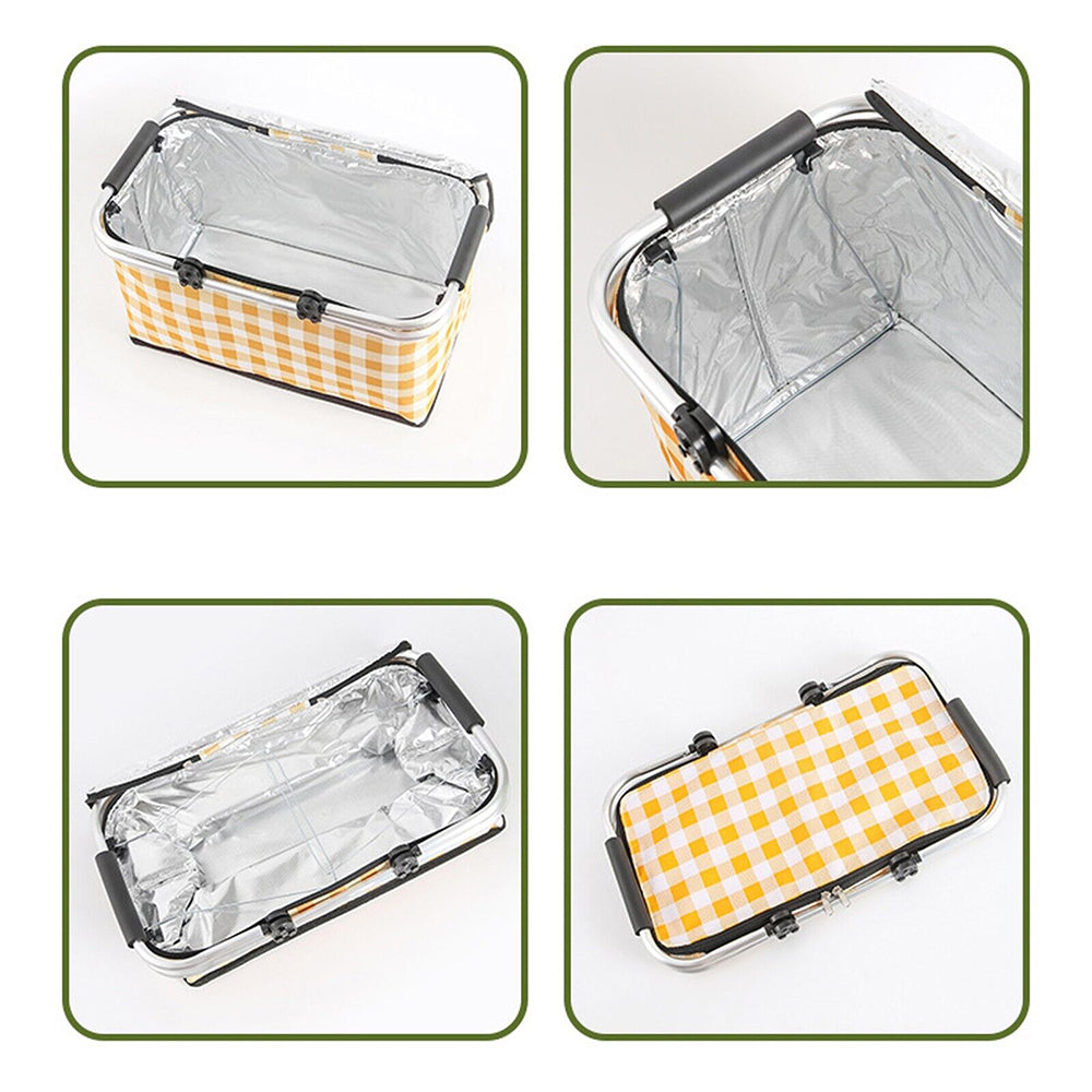 Insulated lunch bag with yellow checkered lining shown from multiple angles on a white background.