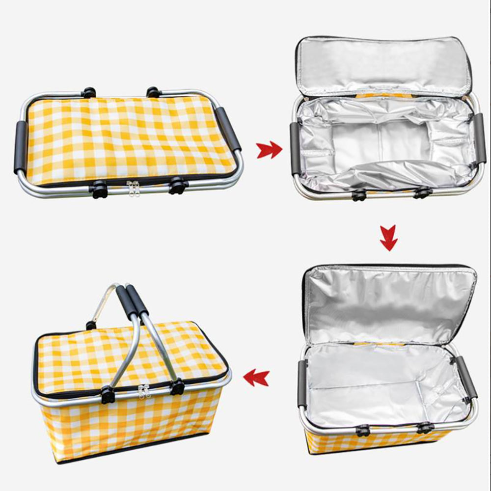 Yellow checkered cooler bag with a clear lid showing insulation layers.