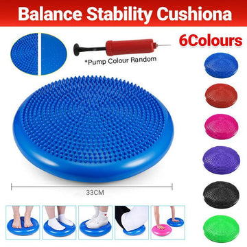 Blue balance stability cushion with pump and color options on a white background