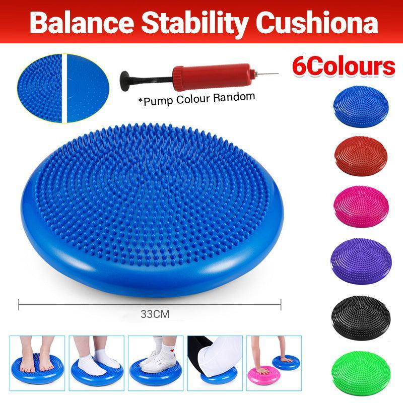 Blue balance stability cushion with pump and color options on a white background