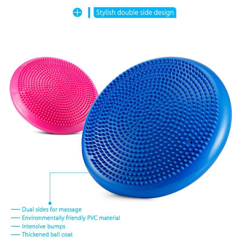 Pink and blue massage ball with text on a white background